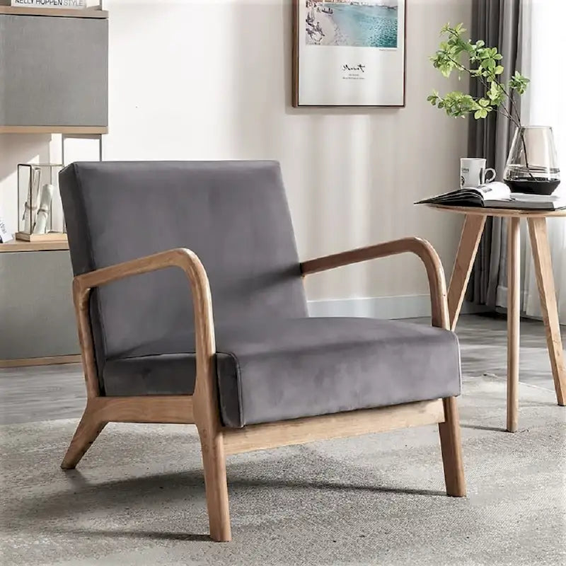Velvet & Wood Mid-Century Modern Armchair with Tufted Back & Tapered Legs