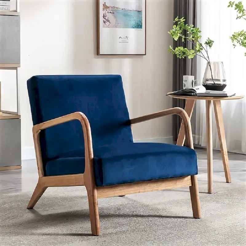 Velvet & Wood Mid-Century Modern Armchair with Tufted Back & Tapered Legs