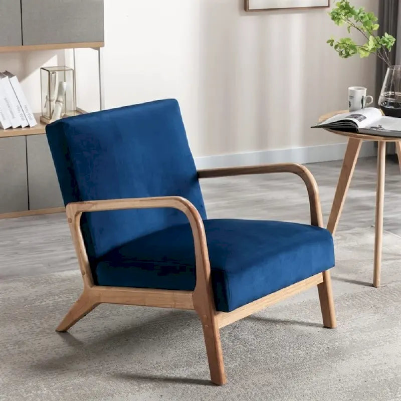 Velvet & Wood Mid-Century Modern Armchair with Tufted Back & Tapered Legs