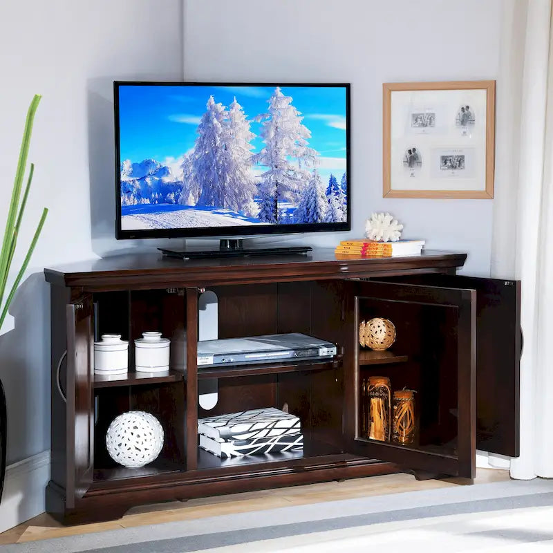 Solid Wood Corner TV Stand with Classic Mission Style Design & Storage Shelves