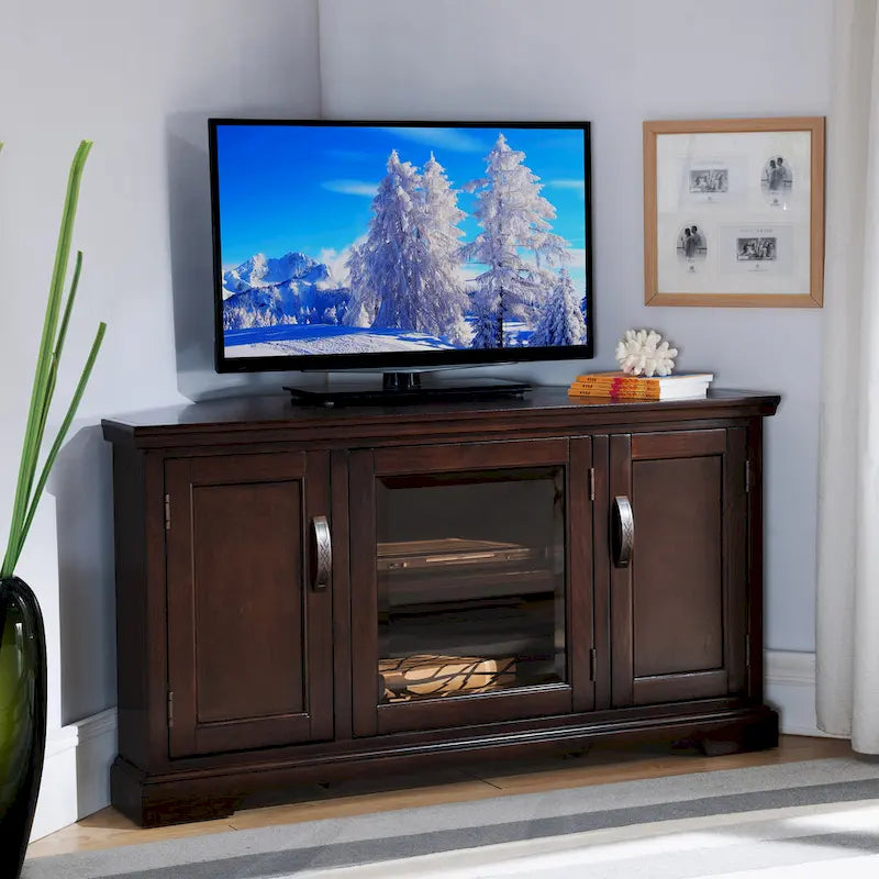 Solid Wood Corner TV Stand with Classic Mission Style Design & Storage Shelves