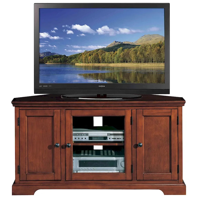 Solid Wood Corner TV Stand with Classic Mission Style Design & Storage Shelves