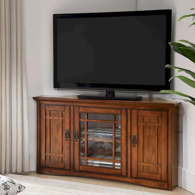 Solid Wood Corner TV Stand with Classic Mission Style Design & Storage Shelves