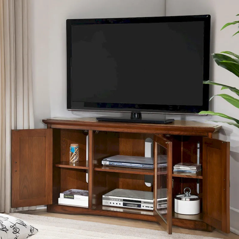 Solid Wood Corner TV Stand with Classic Mission Style Design & Storage Shelves