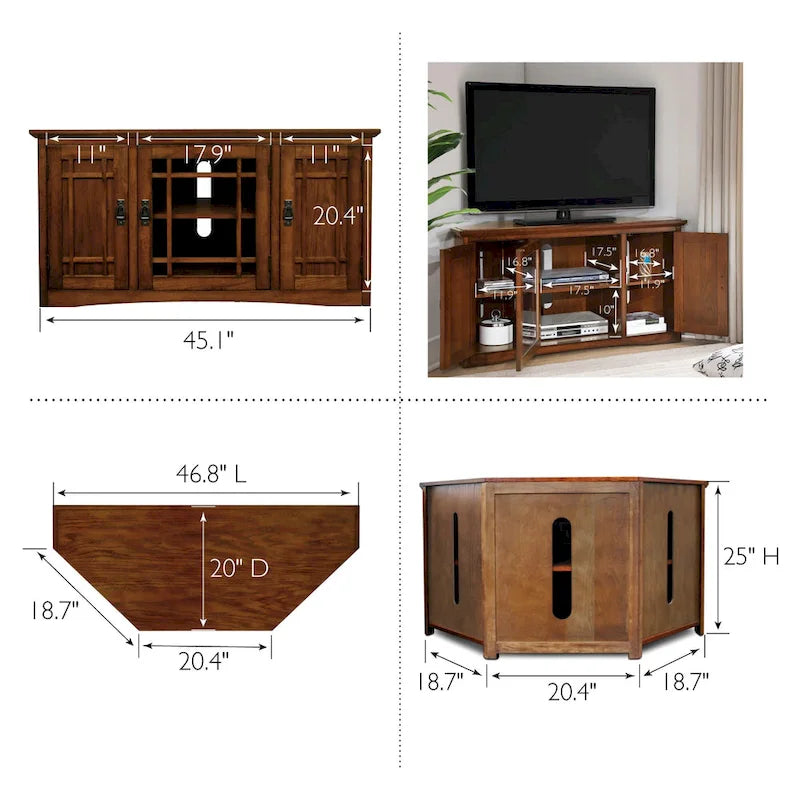 Solid Wood Corner TV Stand with Classic Mission Style Design & Storage Shelves