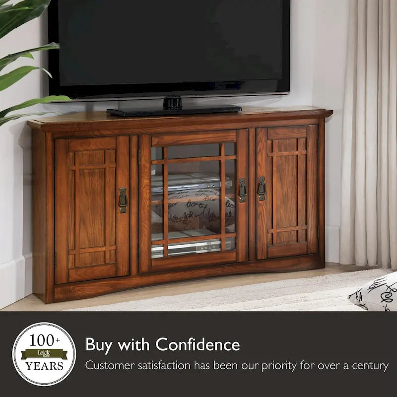 Solid Wood Corner TV Stand with Classic Mission Style Design & Storage Shelves