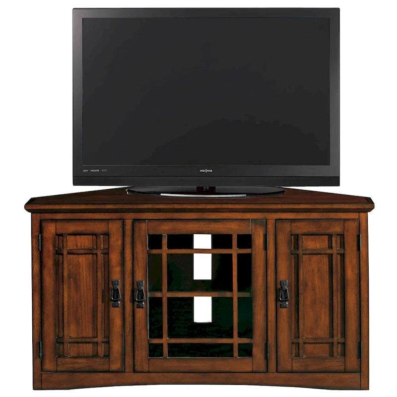 Solid Wood Corner TV Stand with Classic Mission Style Design & Storage Shelves