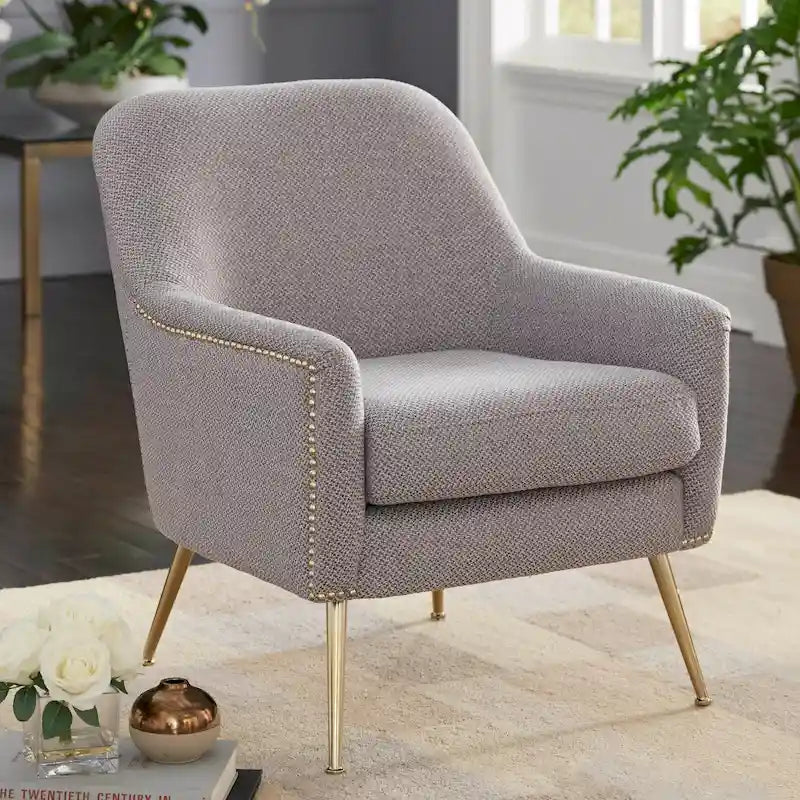 Mid-Century Upholstered Accent Chair with Gold-Tone Metal Legs & Nailhead Detail