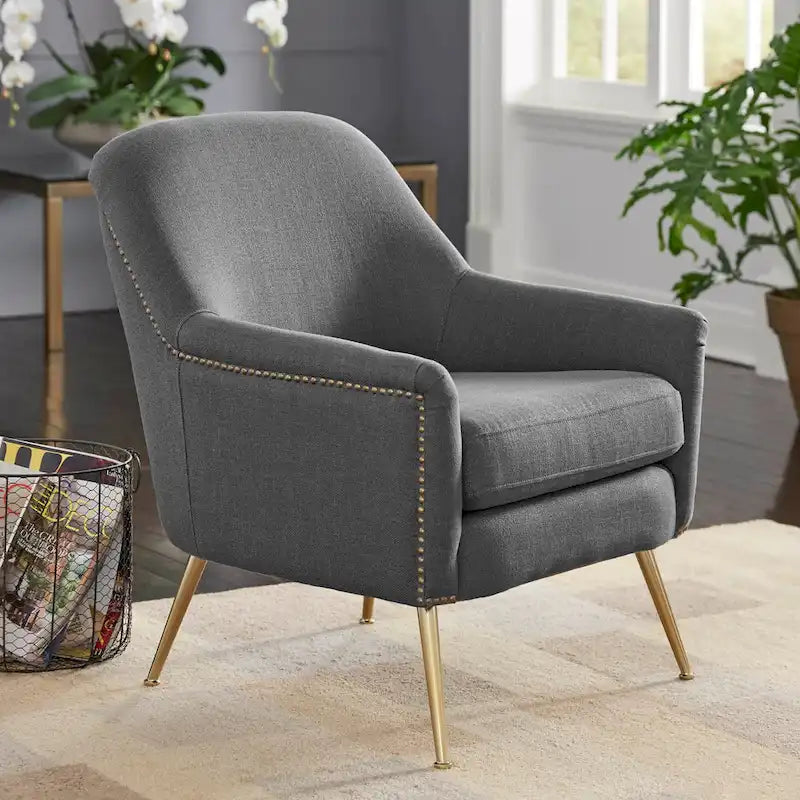 Mid-Century Upholstered Accent Chair with Gold-Tone Metal Legs & Nailhead Detail