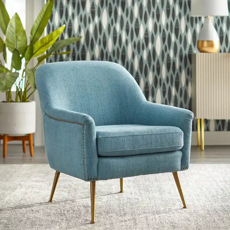 Mid-Century Upholstered Accent Chair with Gold-Tone Metal Legs & Nailhead Detail