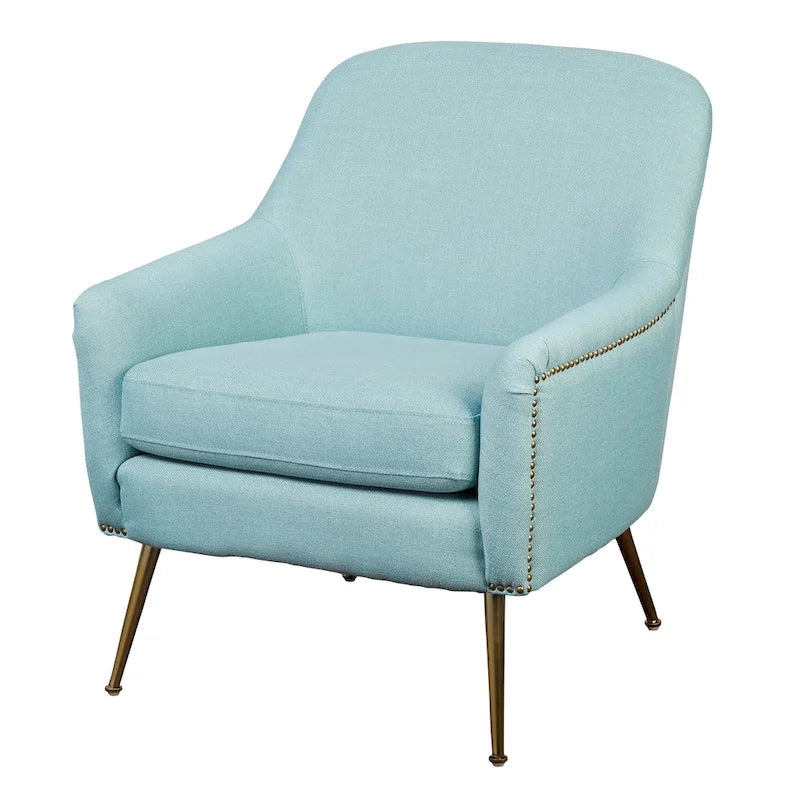 Mid-Century Upholstered Accent Chair with Gold-Tone Metal Legs & Nailhead Detail