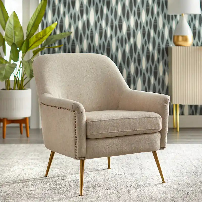Mid-Century Upholstered Accent Chair with Gold-Tone Metal Legs & Nailhead Detail