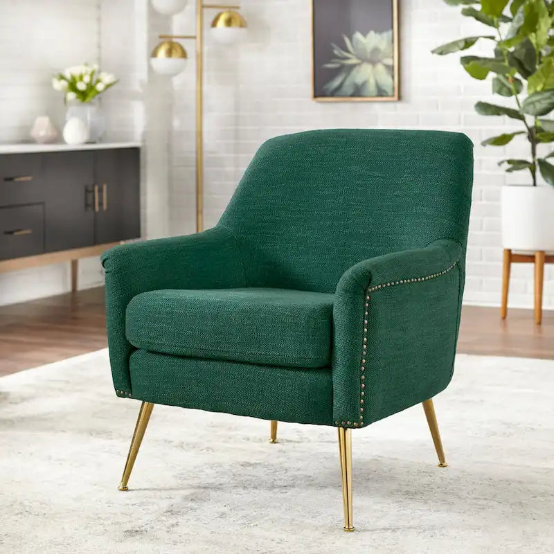 Mid-Century Upholstered Accent Chair with Gold-Tone Metal Legs & Nailhead Detail
