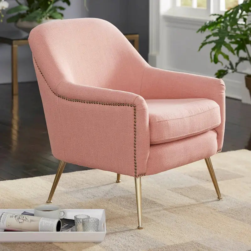 Mid-Century Upholstered Accent Chair with Gold-Tone Metal Legs & Nailhead Detail