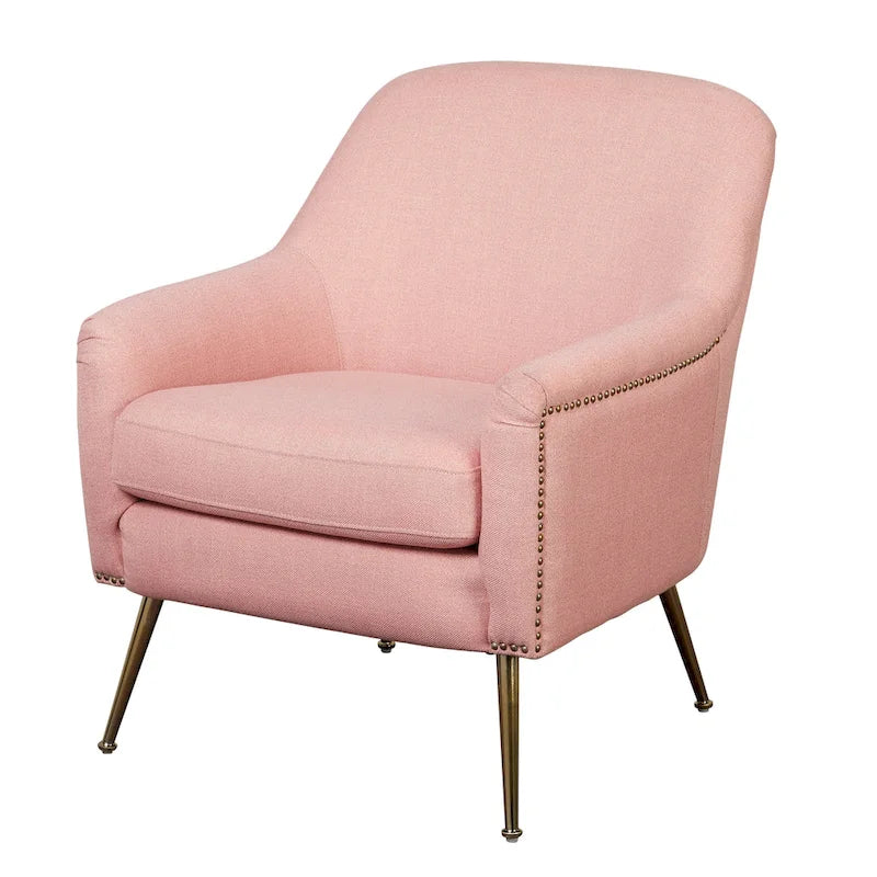 Mid-Century Upholstered Accent Chair with Gold-Tone Metal Legs & Nailhead Detail
