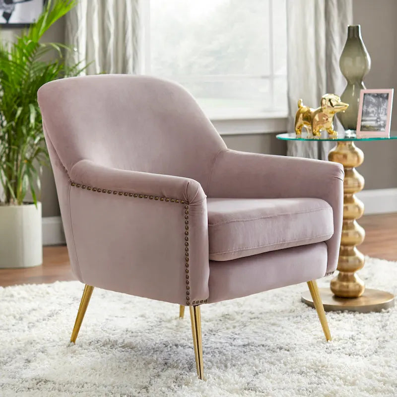 Mid-Century Upholstered Accent Chair with Gold-Tone Metal Legs & Nailhead Detail