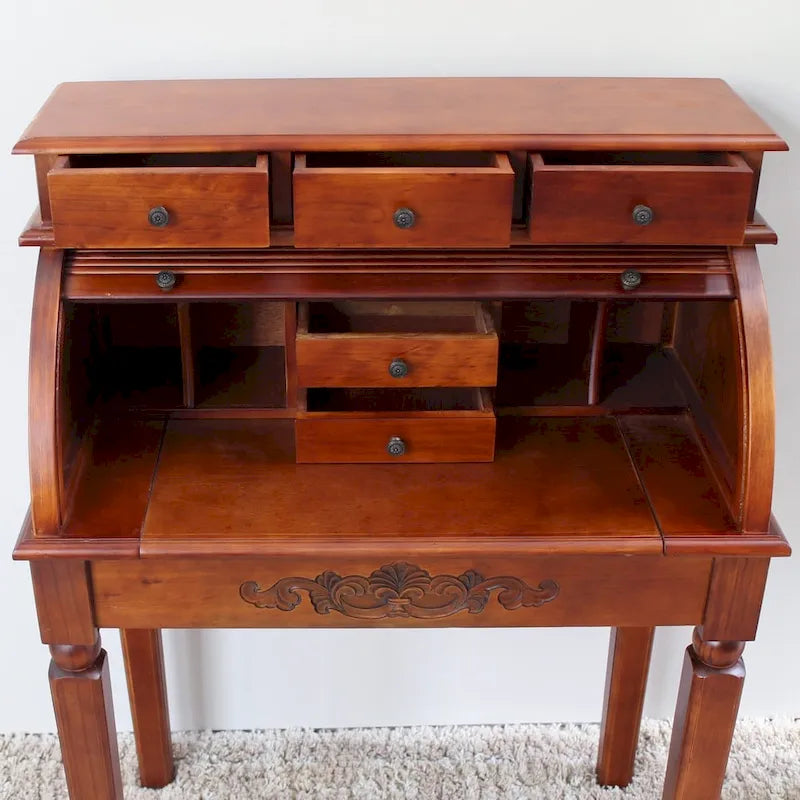 Carved Wood Roll Top Desk with Classic Craftsmanship & Ample Storage