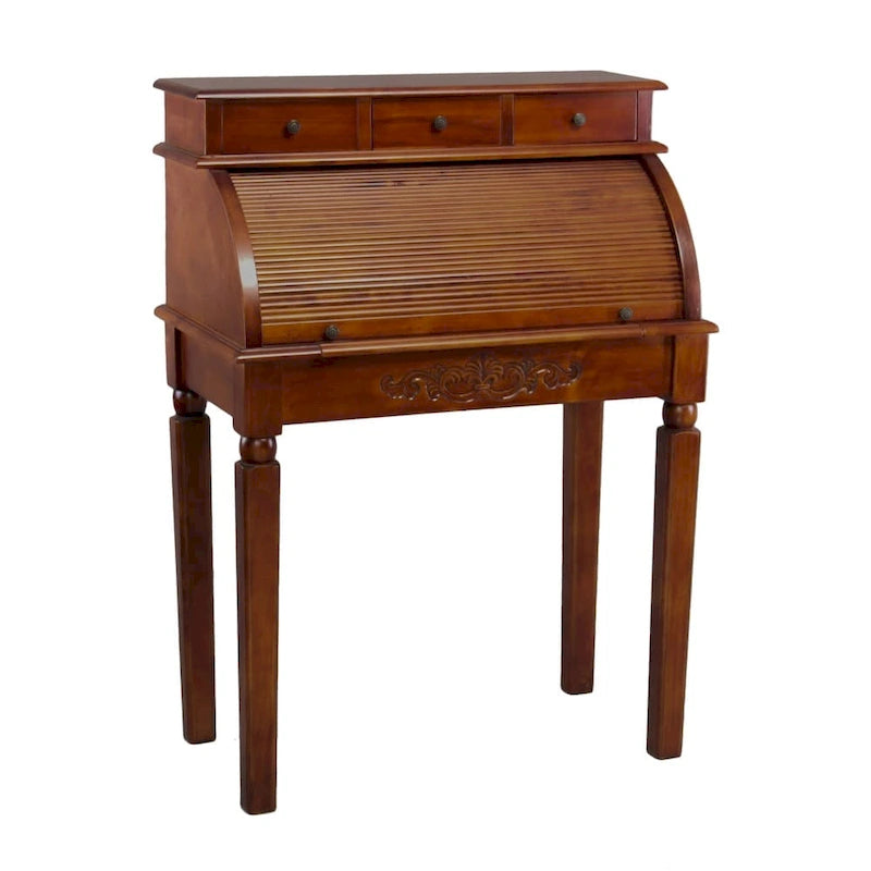 Carved Wood Roll Top Desk with Classic Craftsmanship & Ample Storage