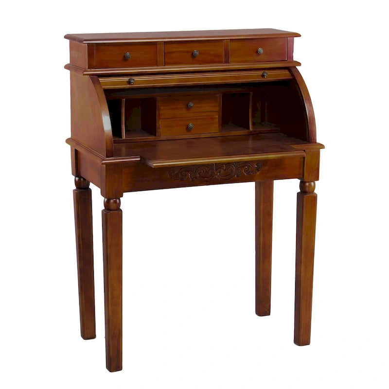 Carved Wood Roll Top Desk with Classic Craftsmanship & Ample Storage