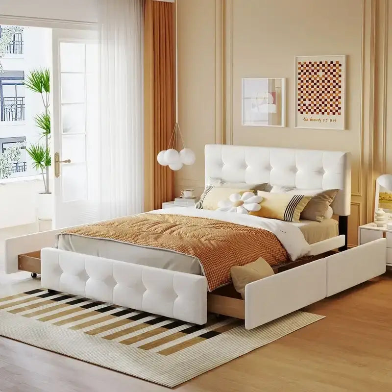 Upholstered Queen Size Platform Bed with 4 Drawers & Classic Headboard Design,Linen Fabric Bedframe