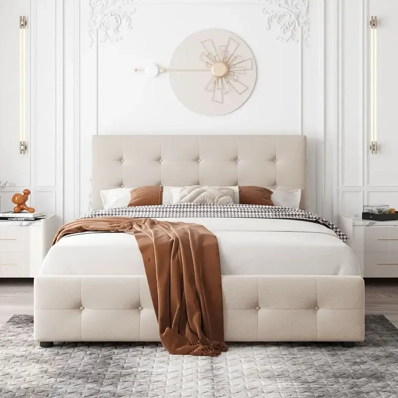 Upholstered Queen Size Platform Bed with 4 Drawers & Classic Headboard Design,Linen Fabric Bedframe
