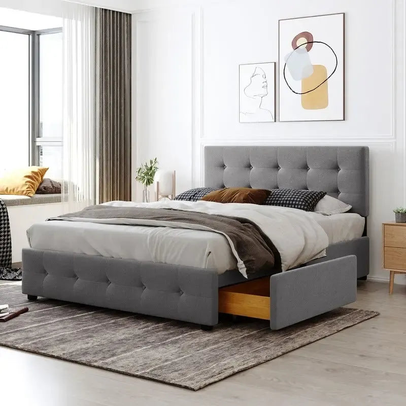 Upholstered Queen Size Platform Bed with 4 Drawers & Classic Headboard Design,Linen Fabric Bedframe
