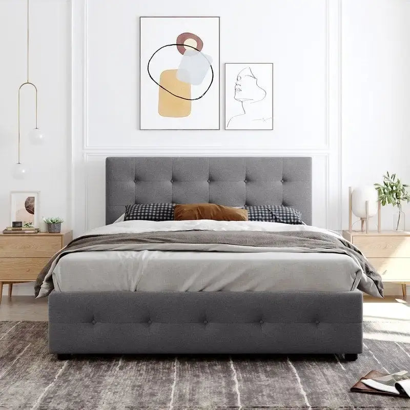 Upholstered Queen Size Platform Bed with 4 Drawers & Classic Headboard Design,Linen Fabric Bedframe
