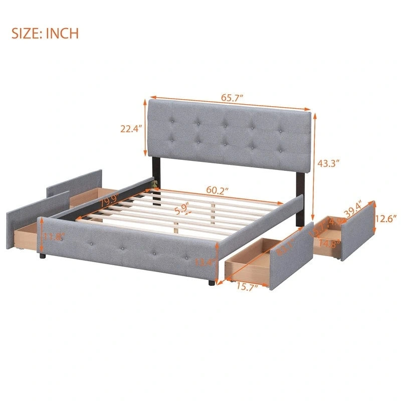 Upholstered Queen Size Platform Bed with 4 Drawers & Classic Headboard Design,Linen Fabric Bedframe