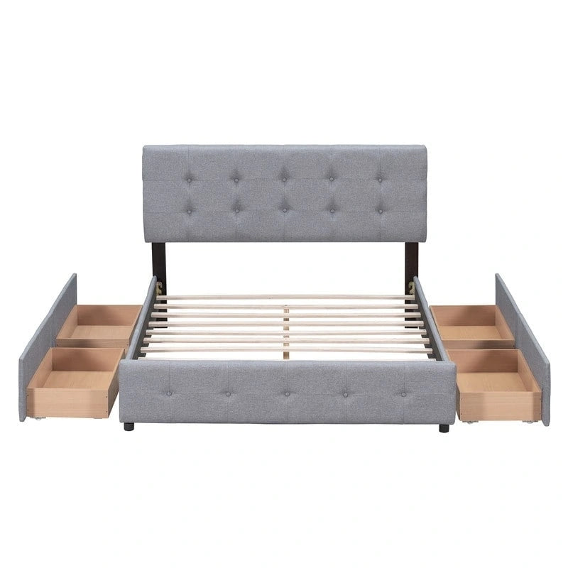 Upholstered Queen Size Platform Bed with 4 Drawers & Classic Headboard Design,Linen Fabric Bedframe