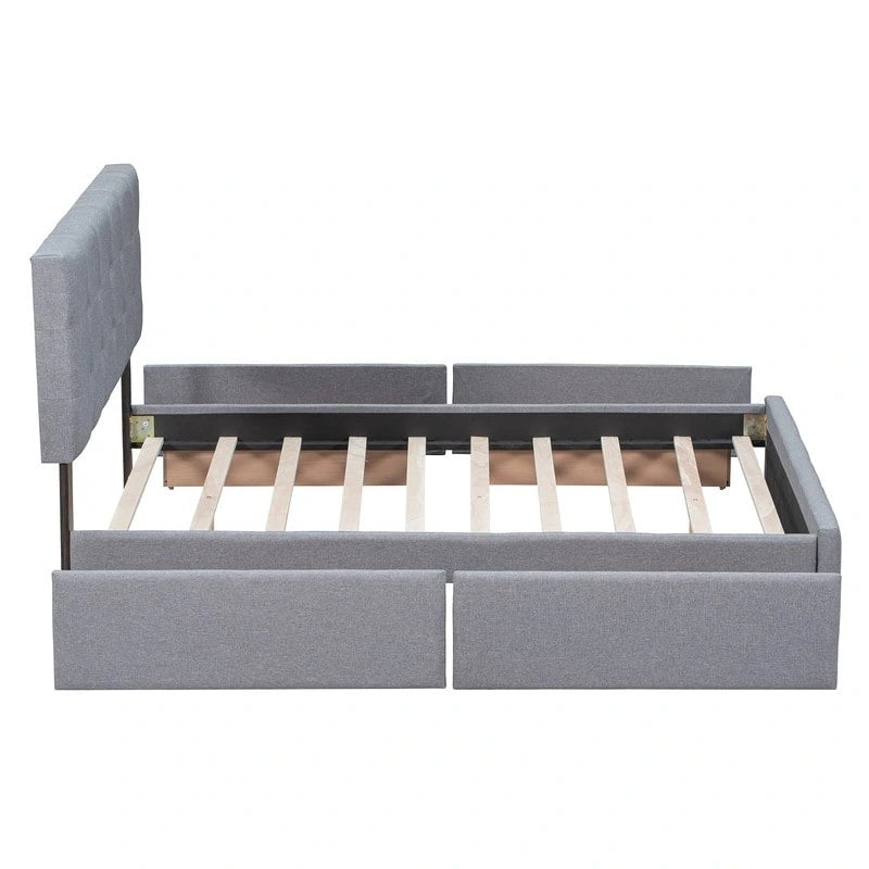 Upholstered Queen Size Platform Bed with 4 Drawers & Classic Headboard Design,Linen Fabric Bedframe
