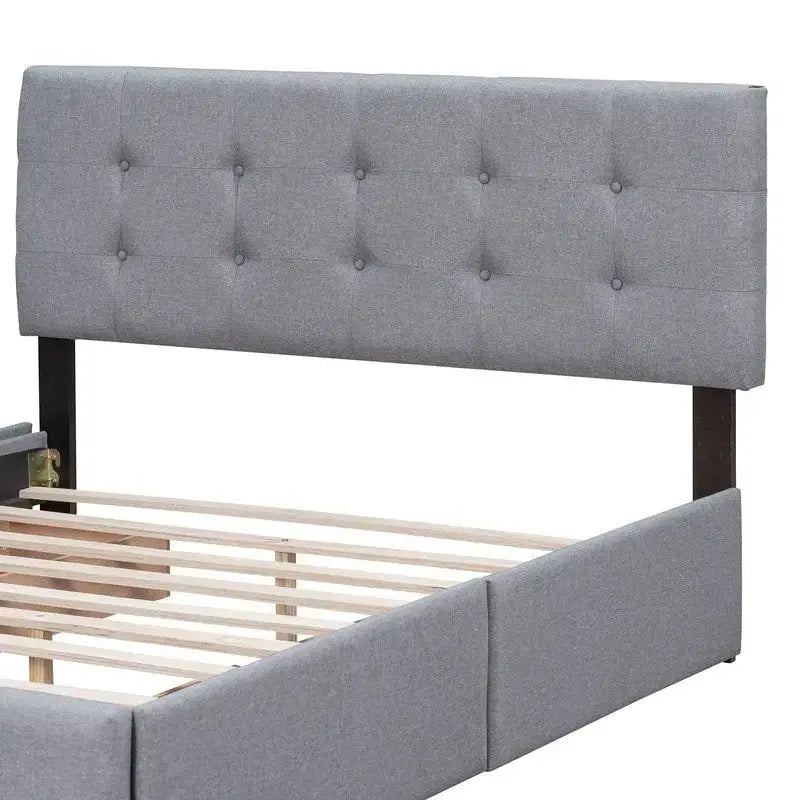 Upholstered Queen Size Platform Bed with 4 Drawers & Classic Headboard Design,Linen Fabric Bedframe