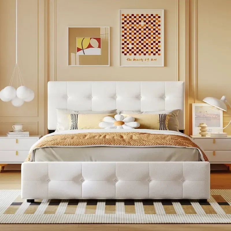 Upholstered Queen Size Platform Bed with 4 Drawers & Classic Headboard Design,Linen Fabric Bedframe