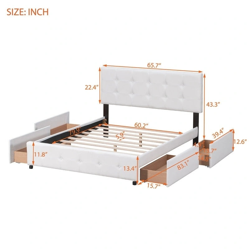 Upholstered Queen Size Platform Bed with 4 Drawers & Classic Headboard Design,Linen Fabric Bedframe