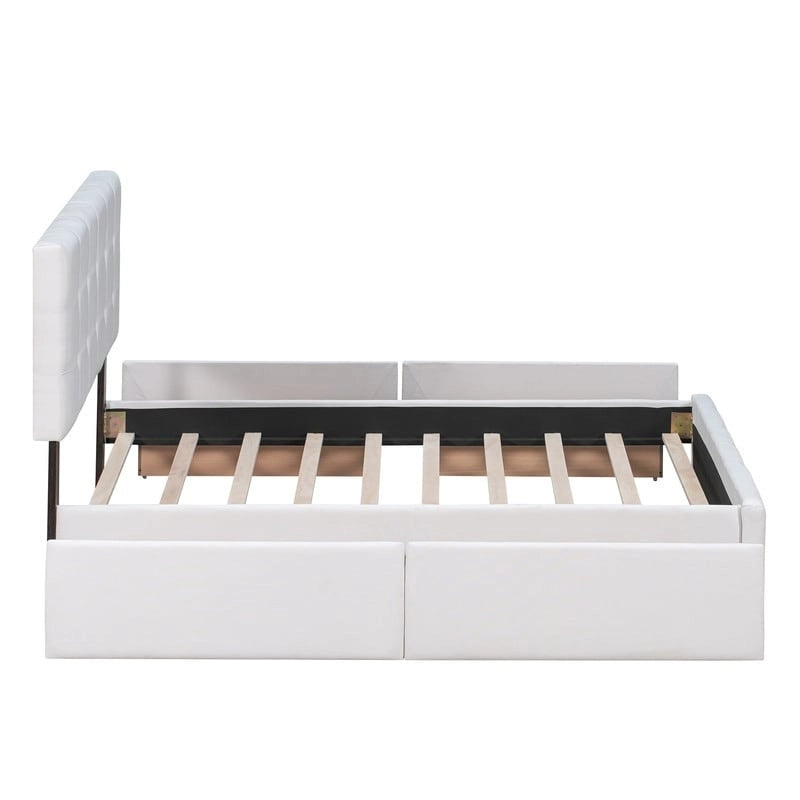 Upholstered Queen Size Platform Bed with 4 Drawers & Classic Headboard Design,Linen Fabric Bedframe