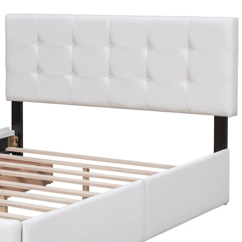 Upholstered Queen Size Platform Bed with 4 Drawers & Classic Headboard Design,Linen Fabric Bedframe