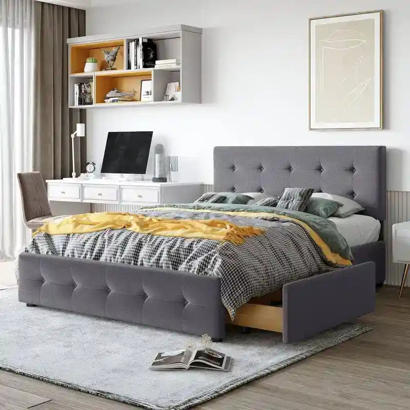 Upholstered Queen Size Platform Bed with 4 Drawers & Classic Headboard Design,Linen Fabric Bedframe
