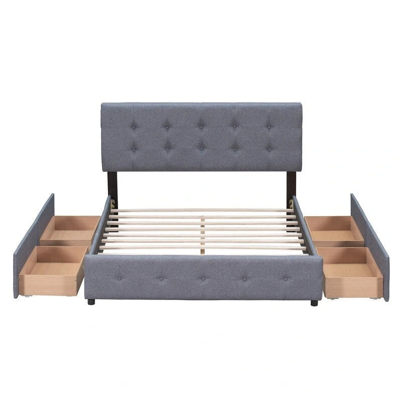Upholstered Queen Size Platform Bed with 4 Drawers & Classic Headboard Design,Linen Fabric Bedframe