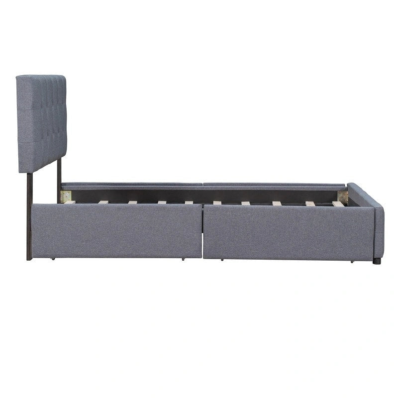 Upholstered Queen Size Platform Bed with 4 Drawers & Classic Headboard Design,Linen Fabric Bedframe