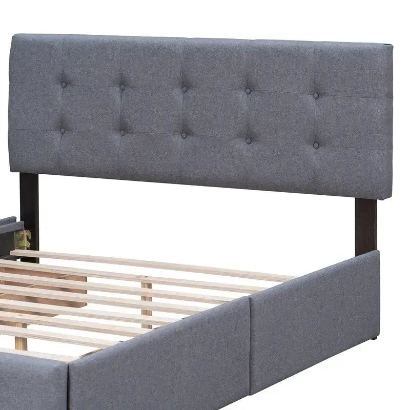 Upholstered Queen Size Platform Bed with 4 Drawers & Classic Headboard Design,Linen Fabric Bedframe