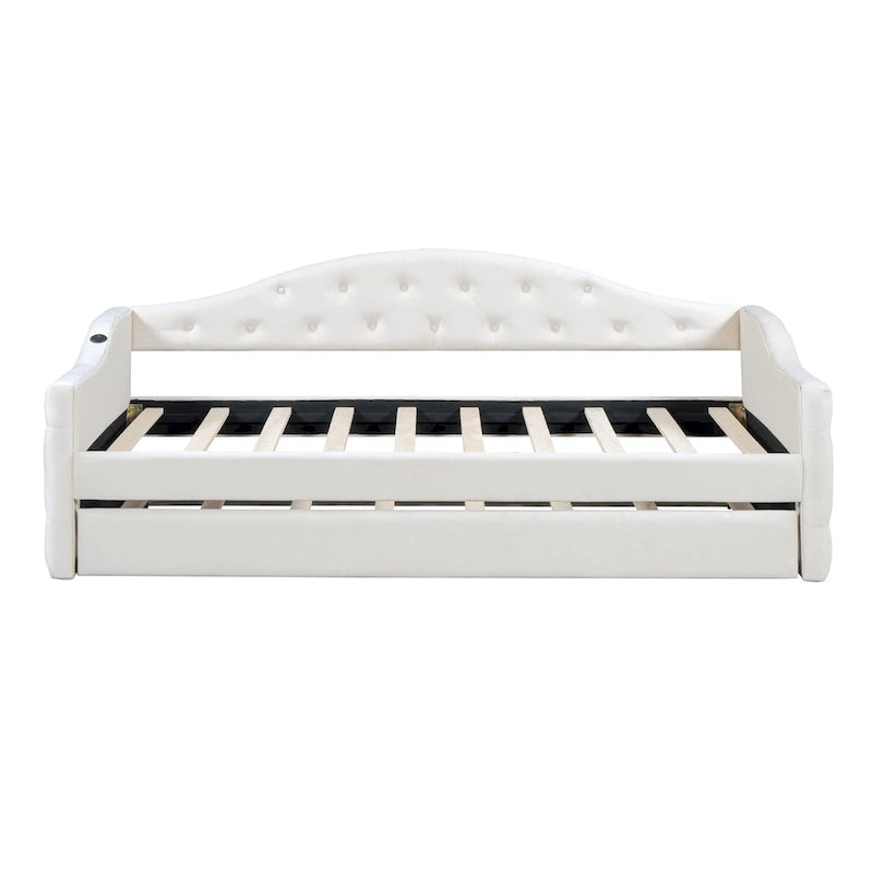 Twin Size Tufted Upholstered Daybed with Trundle ,Velvet Sofabed with USB&Type-C Charging Ports,No Box-spring Needed, Beige