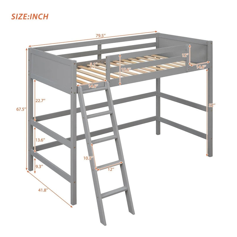 Solid Wood Twin Size Loft Bed with Ladder & Space-Saving Design