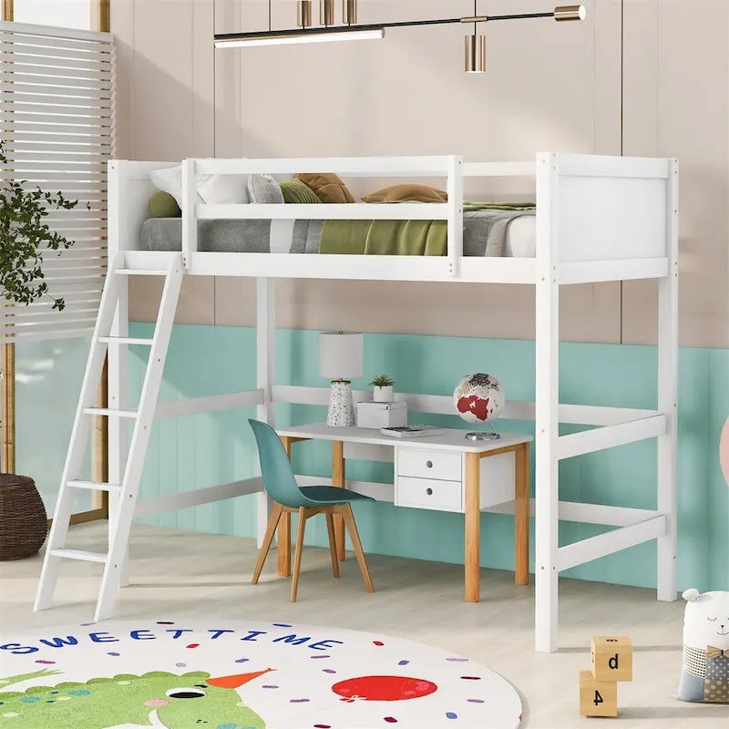 Solid Wood Twin Size Loft Bed with Ladder & Space-Saving Design