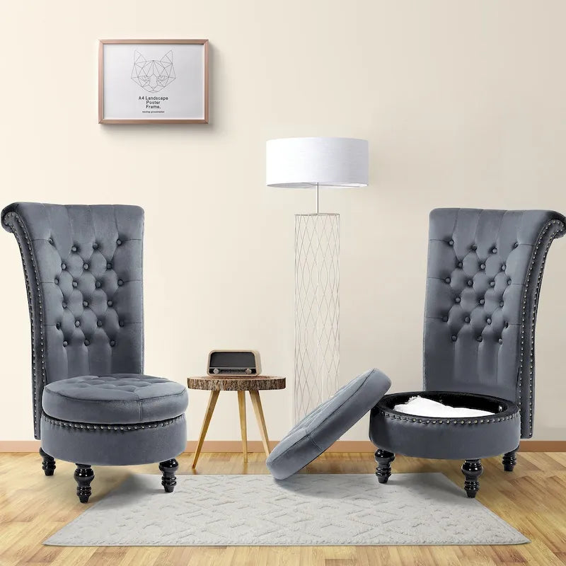 AVAWING Set of 2 High Back Throne Chair Velvet Armless Royal Accent Chair with Storage