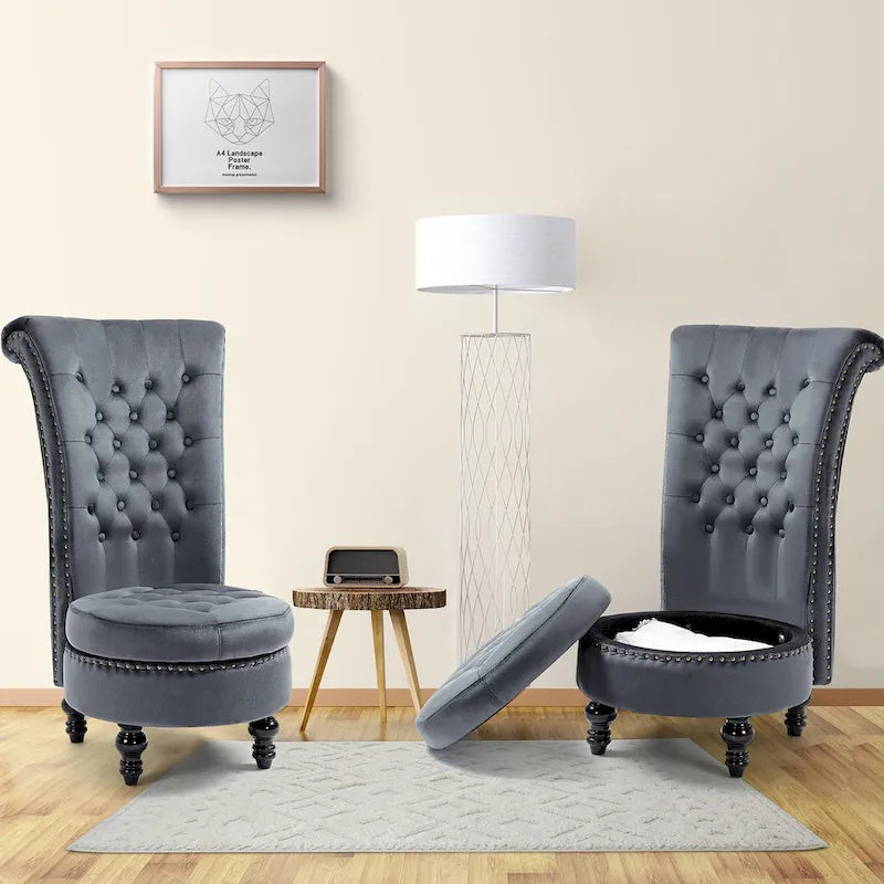 AVAWING Set of 2 High Back Throne Chair Velvet Armless Royal Accent Chair with Storage
