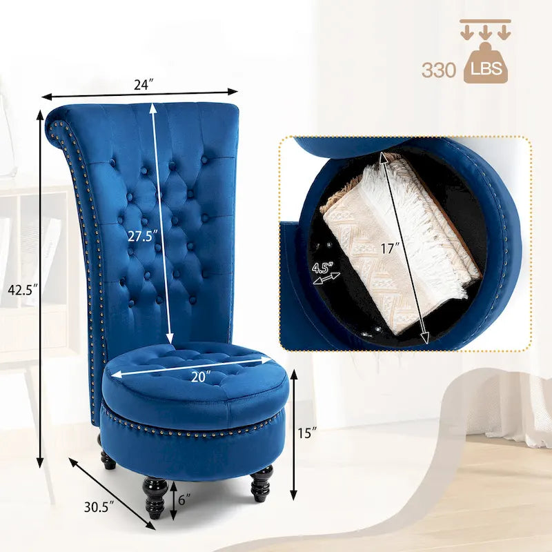 AVAWING Set of 2 High Back Throne Chair Velvet Armless Royal Accent Chair with Storage