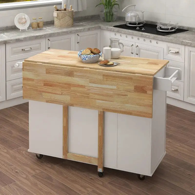 Kitchen Island with Spice Rack and Extensible Solid Wood Table Top