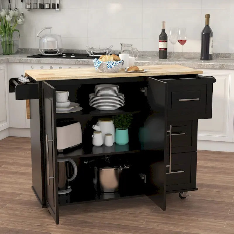 Kitchen Island with Spice Rack and Extensible Solid Wood Table Top