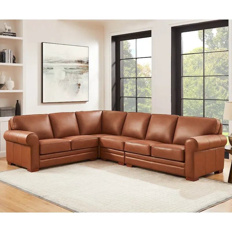 Hydeline Brookfield Top Grain Leather L-Shape Sectional With Feather, Memory Foam and Springs