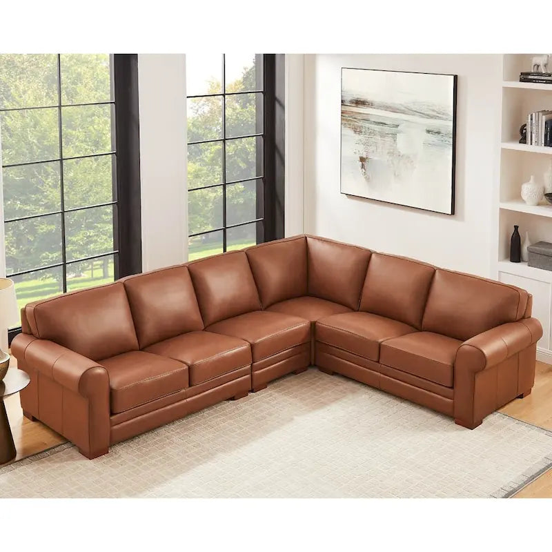 Hydeline Brookfield Top Grain Leather L-Shape Sectional With Feather, Memory Foam and Springs