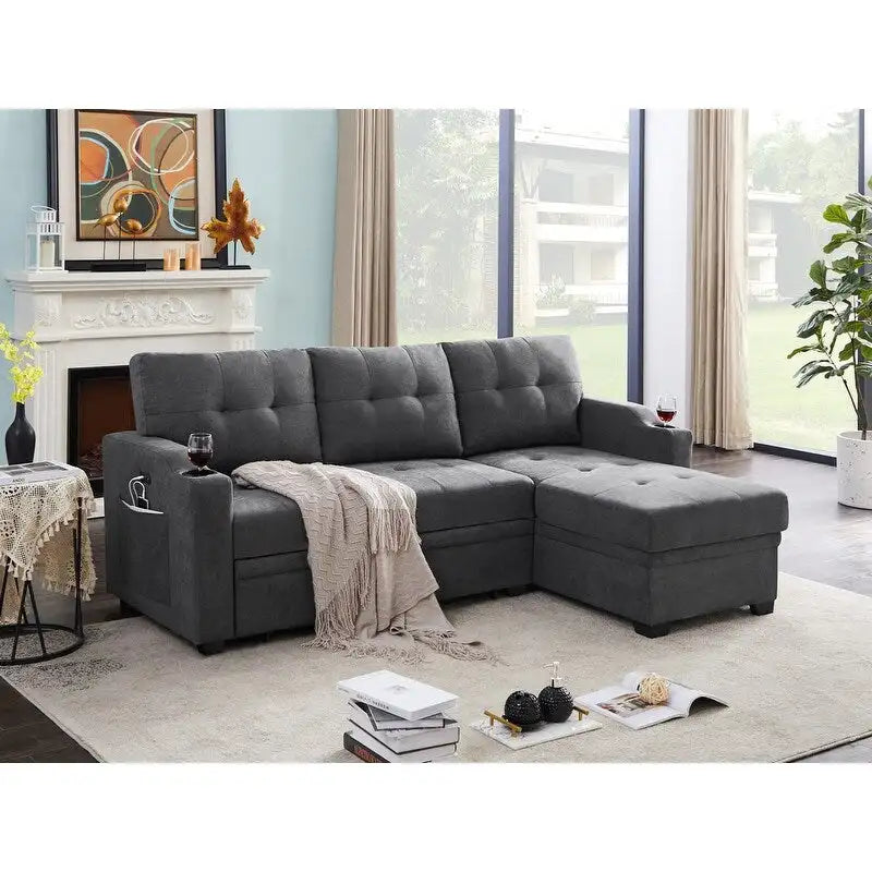 L-Shaped Dark Gray Woven Fabric Sleeper Sofa with Cup Holders, USB Charging Ports, and Pockets